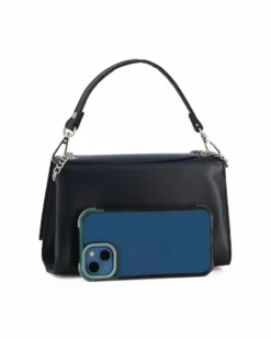 ANNES NICOLE - Pochette blu scuro un manico con patta in vernice e chiusura a girello, MADE IN ITALY