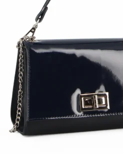 ANNES NICOLE - Pochette blu scuro un manico con patta in vernice e chiusura a girello, MADE IN ITALY