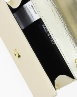 ANNES NICOLE - Pochette laminata platino con patta glitterata e fiocco removibile, MADE IN ITALY