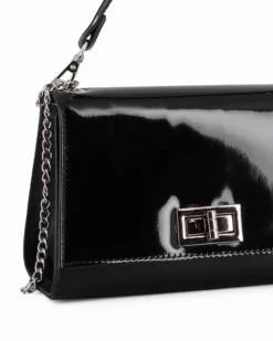 ANNES NICOLE - Pochette nera un manico con patta in vernice e chiusura a girello, MADE IN ITALY