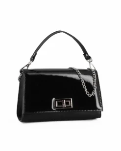 ANNES NICOLE - Pochette nera un manico con patta in vernice e chiusura a girello, MADE IN ITALY