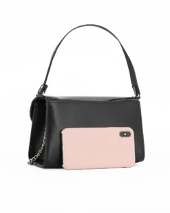 ANNES NICOLE - Pochette nera un manico con patta in vernice e dettaglio catenina, MADE IN ITALY