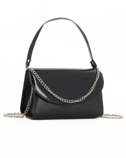 ANNES NICOLE - Pochette nera un manico con patta in vernice e dettaglio catenina, MADE IN ITALY