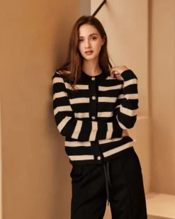 BACHATA - Cardigan manica lunga nero a righe beige da donna