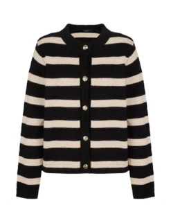 BACHATA - Cardigan manica lunga nero a righe beige da donna
