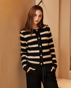 BACHATA - Cardigan manica lunga nero a righe beige da donna