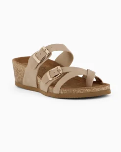 BACHATA - Ciabatta infradito beige effetto nabuk con doppia fibbia e sottopiede in VERA PELLE, zeppa 5CM
