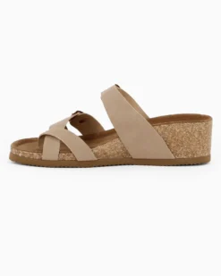 BACHATA - Ciabatta infradito beige effetto nabuk con doppia fibbia e sottopiede in VERA PELLE, zeppa 5CM