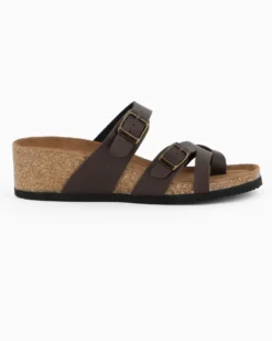 BACHATA - Ciabatta infradito marrone effetto matte con doppia fibbia e sottopiede in VERA PELLE, zeppa 5CM
