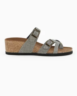 BACHATA - Ciabatta infradito taupe glitterata con doppia fibbia e sottopiede in VERA PELLE, zeppa 5CM