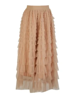 BACHATA - Gonna lunga in tulle a balze taupe con elastico in vita