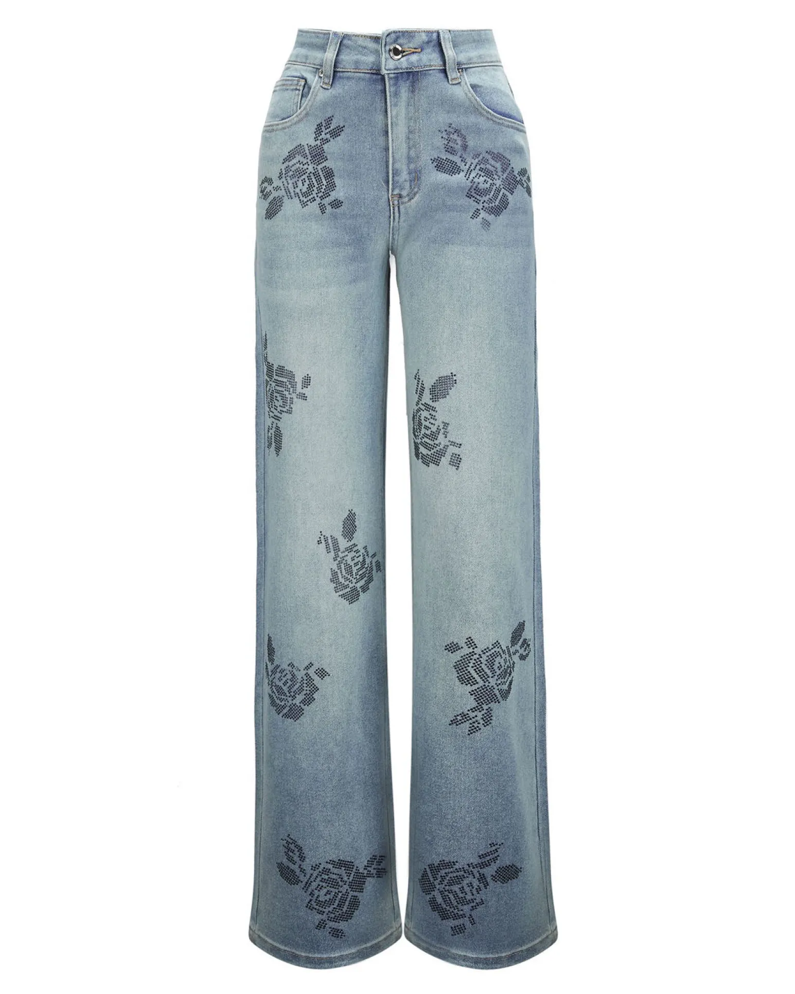 BACHATA - Jeans denim chiaro con stampa di rose
