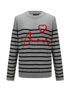 BACHATA - Maglia manica lunga grigia a righe nere con scritta Amour