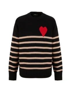 BACHATA - Maglia manica lunga nera a righe beige e cuore