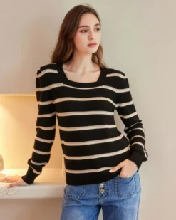 BACHATA - Maglia manica lunga nera a righe beige con scollo quadrato