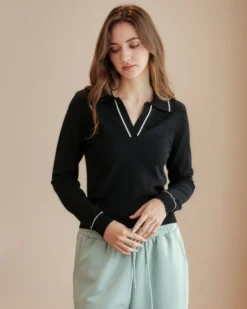 BACHATA - Maglia manica lunga nera con scollo a V e colletto da donna