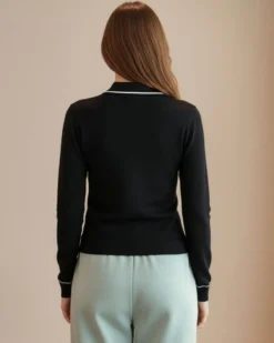 BACHATA - Maglia manica lunga nera con scollo a V e colletto da donna
