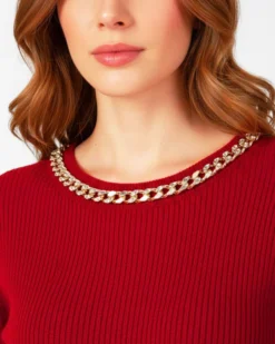 BACHATA - MAGLIA ROSSA CON DETTAGLIO CATENA CON STRASS SUL COLLO