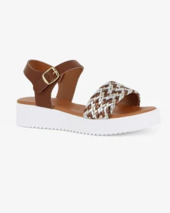 BACHATA - Sandalo cuoio con sottopiede in VERA PELLE e fascia frontale intrecciata - MADE IN ITALY