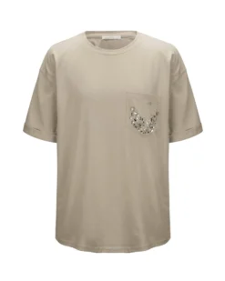 BACHATA - Tshirt manica corta beige con taschino e scritta