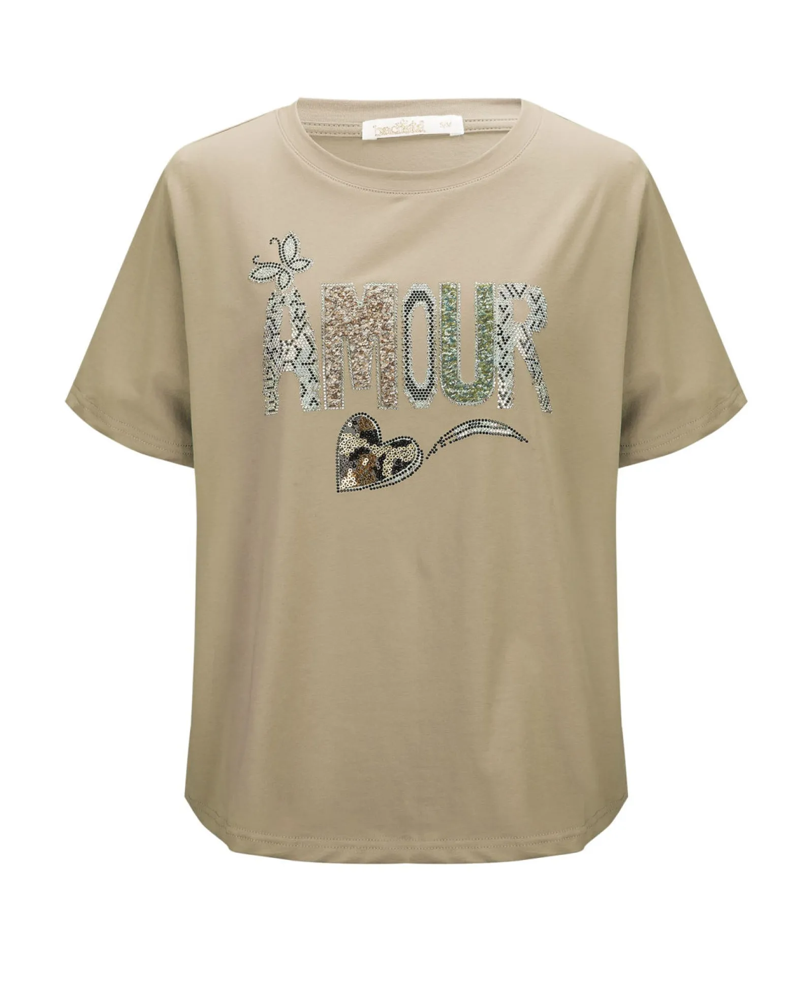 BACHATA - Tshirt manica corta beige con scritta e strass