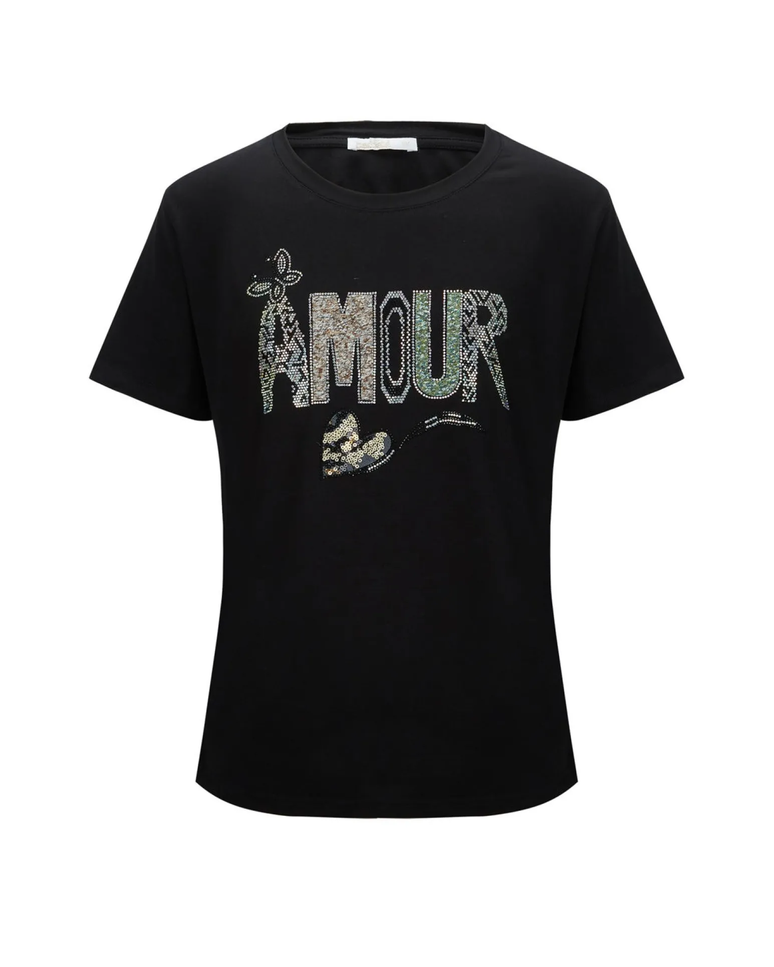 BACHATA - Tshirt manica corta denim con scritta e strass