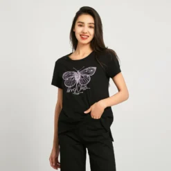 BACHATA - TSHIRT MANICA CORTA NERA CON STAMPA FARFALLA