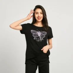 BACHATA - TSHIRT MANICA CORTA NERA CON STAMPA FARFALLA