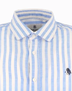 BLUE LEMON - Camcia manica lunga riga riga grande celeste misto lino