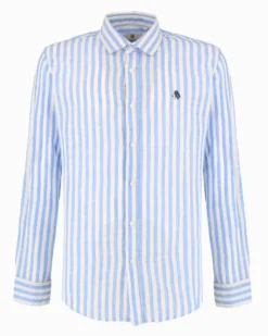 BLUE LEMON - Camcia manica lunga riga riga grande celeste misto lino
