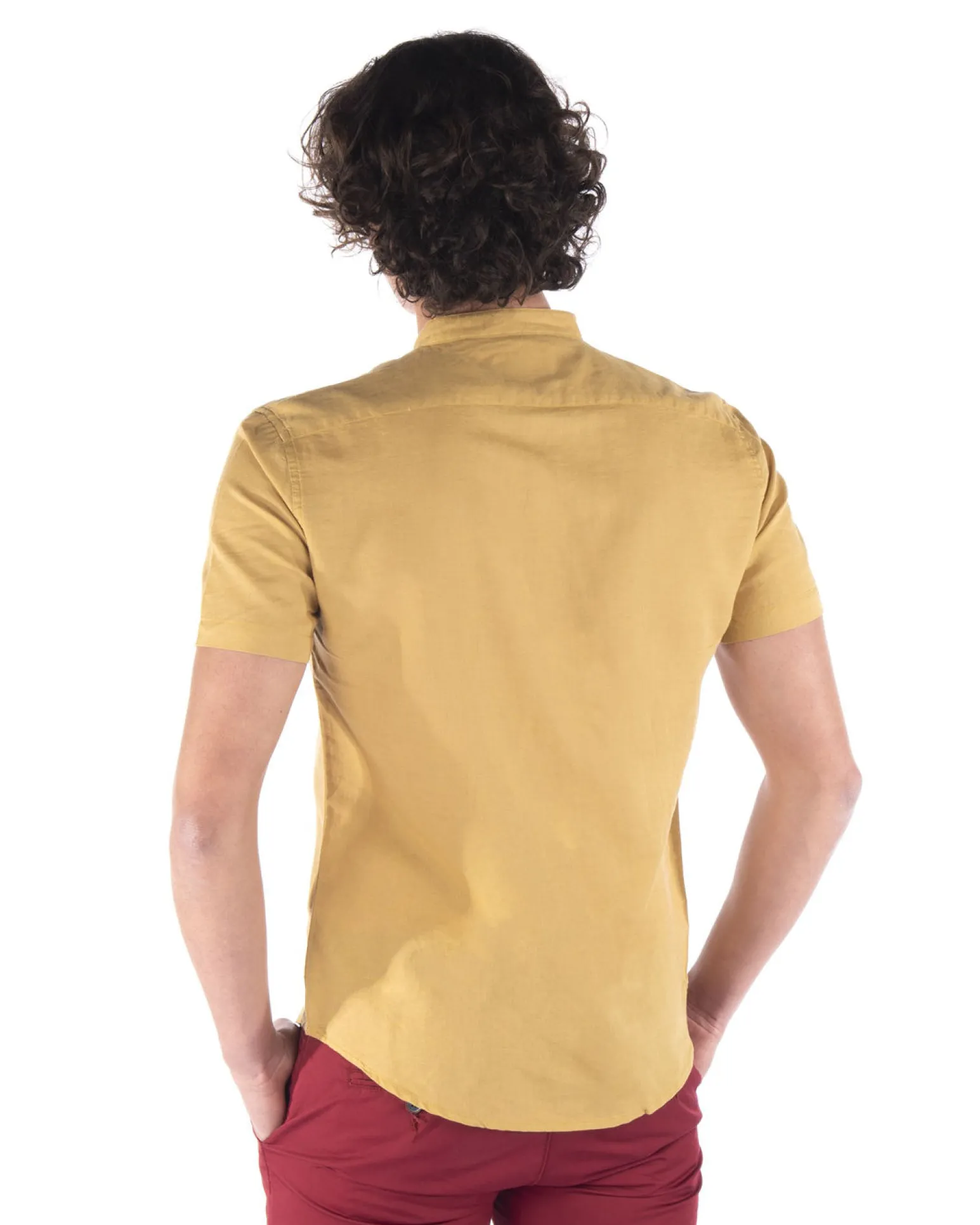 BLUE LEMON - Camicia manica corta ocra collo coreano in lino