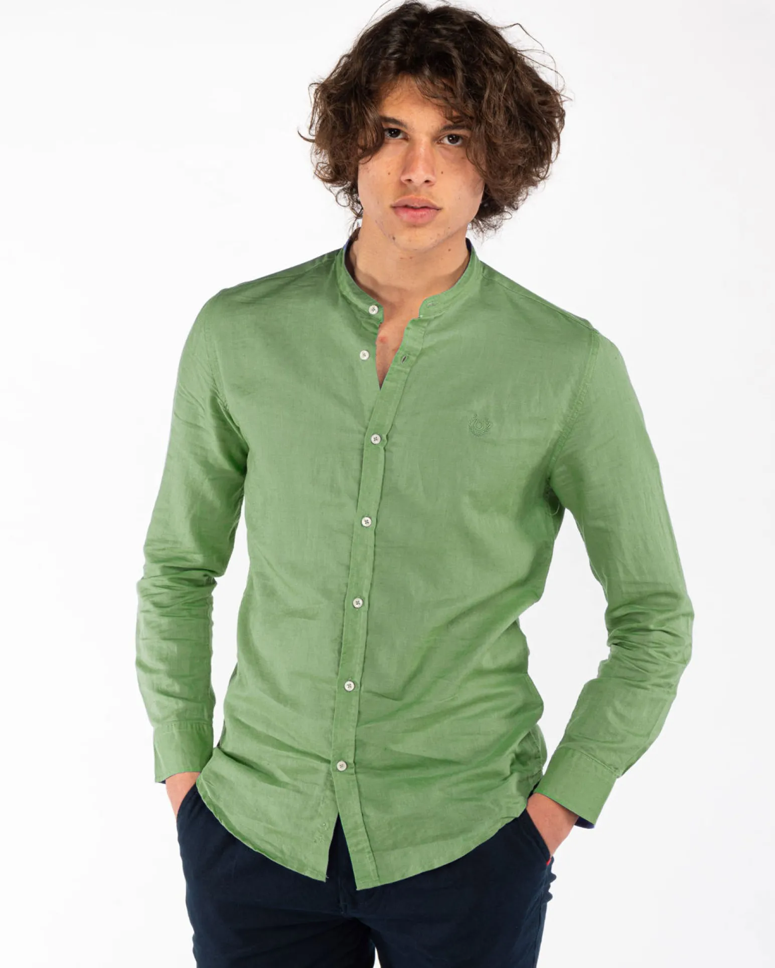 BLUE LEMON - Camicia manica lunga glicine con collo coreano in lino