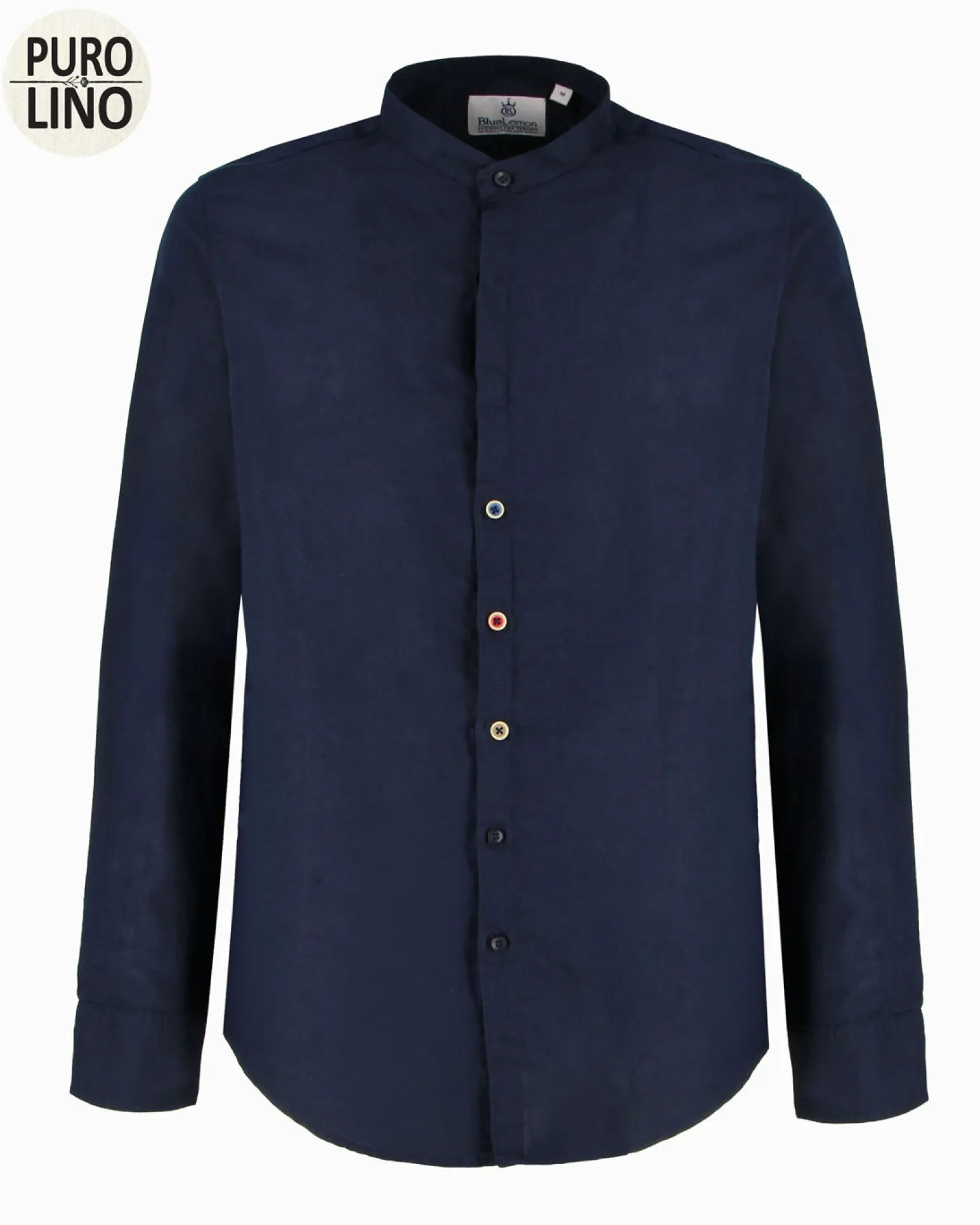 BLUE LEMON - Camicia manica lunga blu con collo corano in lino