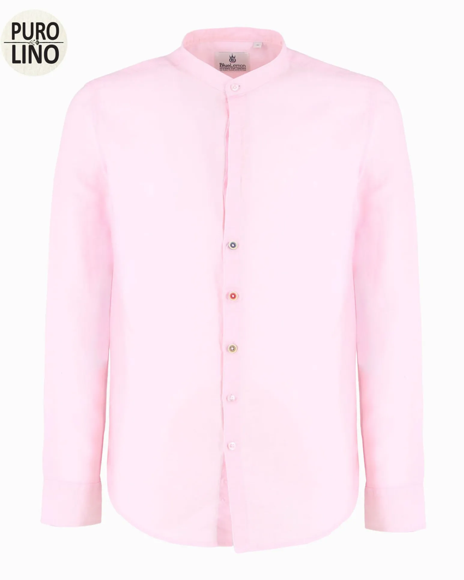 BLUE LEMON - Camicia manica lunga rosa con collo corano in lino