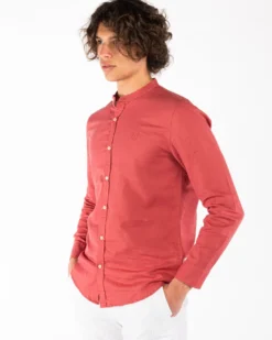 BLUE LEMON - Camicia manica lunga corallo con collo coreano in lino
