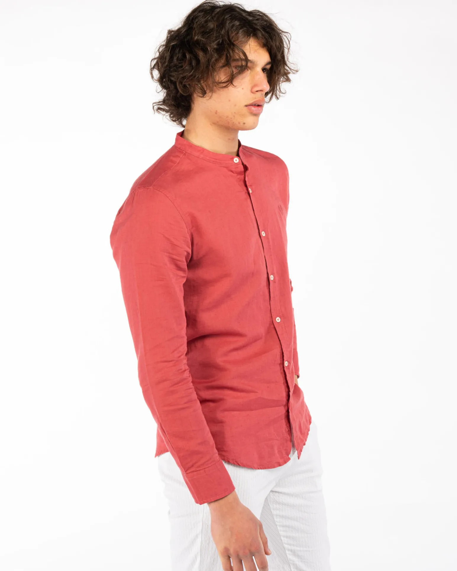 BLUE LEMON - Camicia manica lunga corallo con collo coreano in lino