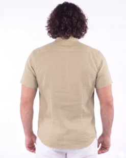 BLUE LEMON - Camicia over manica corta beige con collo coreano in lino