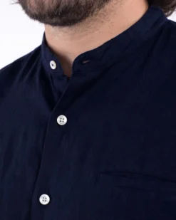 BLUE LEMON - Camicia over manica corta blu con collo coreano in lino