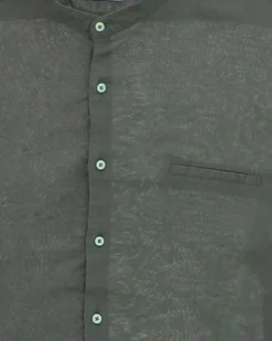 BLUE LEMON - Camicia over manica corta verde militare con collo coreano in lino