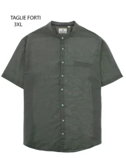 BLUE LEMON - Camicia over manica corta verde militare con collo coreano in lino