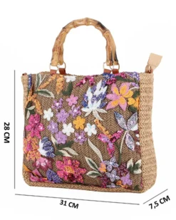 BORSA PAGLIA RICAMI FLOREALI MAN.BAMBOO