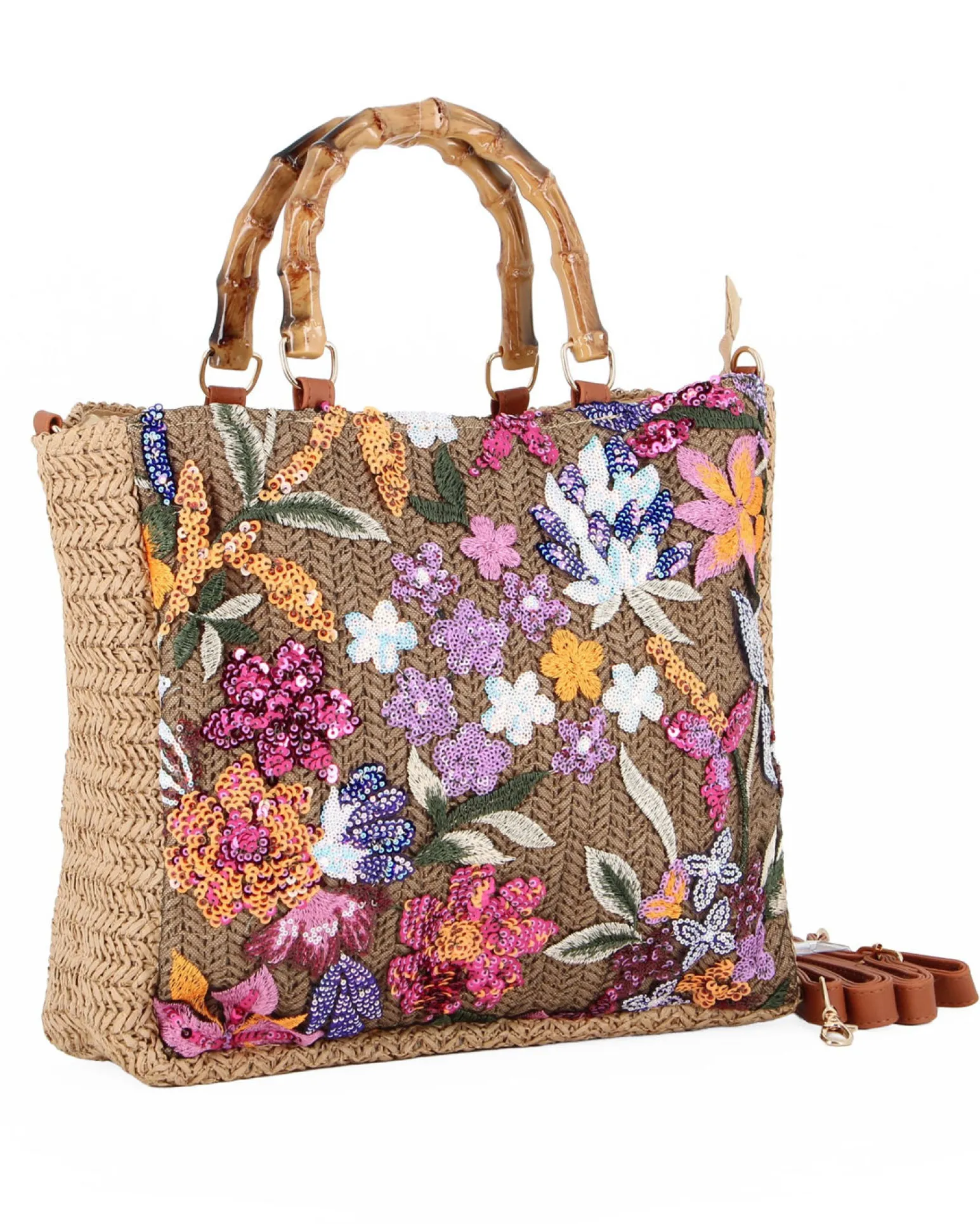 BORSA PAGLIA RICAMI FLOREALI MAN.BAMBOO