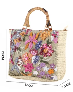 BORSA PAGLIA RICAMI FLOREALI MAN.BAMBOO