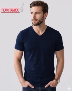 BROKERS - Tshirt mezza manica scollo a V in BAMBOO blu