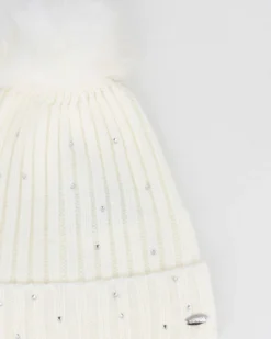 BRUGI - Berretto bianco a maglia da donna con pon pon, brillantini e fodera in pile