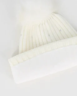 BRUGI - Berretto bianco a maglia da donna con pon pon, brillantini e fodera in pile