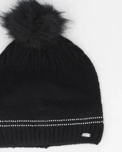 BRUGI - Berretto nero a maglia da donna con pon pon, strass e fodera in pile