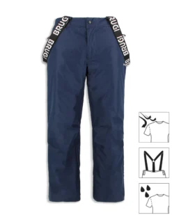 BRUGI - Pantalone da sci blu impermeabile traspirante idrorepellente antivento con bretelle regolabili bambino