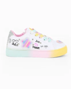 CANGURINO - Sneakers bianca da bimba con lacci multicolor e zip laterale, numerata 24/30