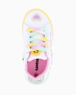 CANGURINO - Sneakers bianca da bimba con lacci multicolor e zip laterale, numerata 24/30